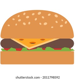 Burger vector. Hamburger icon. Fast food illustration. Cheeseburger with bun bread, cheese, beef meat, tomato and salad isolated on white background