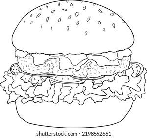 Burger. Vektor handgezeichnete Fast Food Illustration. Farbseiten mit Lebensmitteln