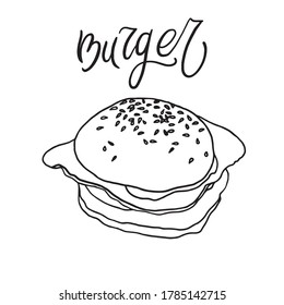 Burger vector hand drawn illustration. Fast food menu in line style. Burger lettering design for restaurant, cafe, emblem, sign, logo, label, brand mark, card, polygraphy. Hand-drawn line art.