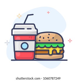 Burger Vector Icon. Fast Food Vector Line Icon. Plastic Soda Drink Cup Outline Illustration.
