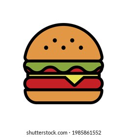 Burger Vector Icon in Filled Outline Style. Hamburger is a sandwich consisting of one or more cooked patties of ground meat, usually beef, placed inside a sliced bread roll or bun. Vector icon.