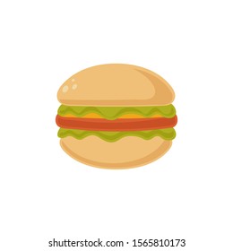 Burger vector icon. Flat style illustration. Tasty bun with meat and vegetables for fast food restaurant. American traditional meal.