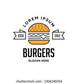 Burger Vector Icon Illustration with Cheese. Flat Design. Line Icon for Fast Food Logo, Menu and Flyer - Vector