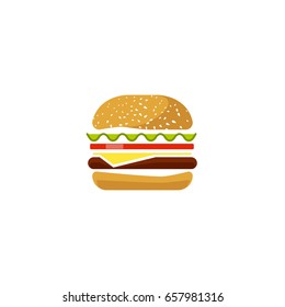 Burger Vector Icon Isolated On White Background, Flat Cartoon Sandwich Logotype Clipart, Hamburger Symbol