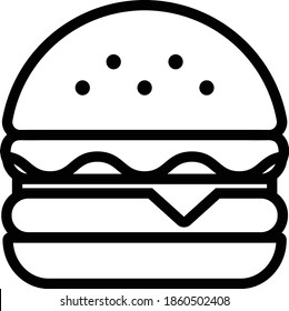 Burger Vector Icon in Outline Style. Hamburger is a sandwich consisting of one or more cooked patties of ground meat, usually beef, placed inside a sliced bread roll or bun. Vector illustration icon.