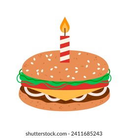 Burger vector icon. Sesame bun stuffed with meat, vegetables, cheese. Birthday hamburger with burning candle. American fast food, junk snack. Festive cheeseburger isolated on white. Hand drawn clipart