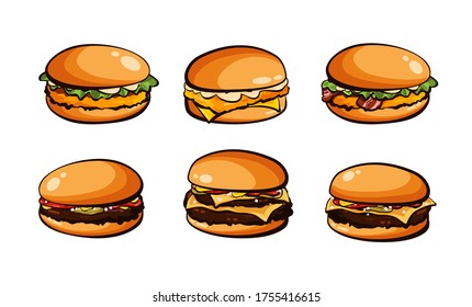 Burger vector icon set. Cartoon style outline illustration. Traditional american fast food.