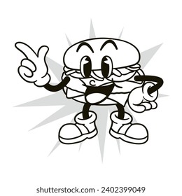 burger vector illustration in black and white retro cartoon style