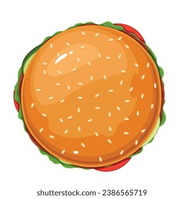 Burger vector illustration. Cartoon isolated top view of hamburgers bun with sesame, cheeseburger with bread slices, meat and salad, gourmet fast food to eat and sandwich snack of American cuisine