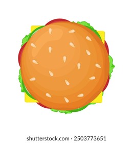 Burger vector illustration. Cartoon isolated top view of hamburgers bun with sesame, cheeseburger