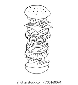Burger vector illustration. Doodle style. Design icon, print, logo, symbol, decor, textile, paper.