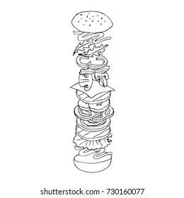Burger vector illustration. Doodle style. Design icon, print, logo, symbol, decor, textile, paper.