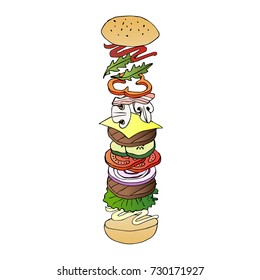 Burger vector illustration. Doodle style. Design icon, print, logo, symbol, decor, textile, paper.