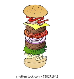 Burger vector illustration. Doodle style. Design icon, print, logo, symbol, decor, textile, paper.
