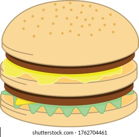 Ilustración del vector de hamburguesas. Hamburguesa doble de carne con templete de diseño de vectores de icono de queso y huevo. 