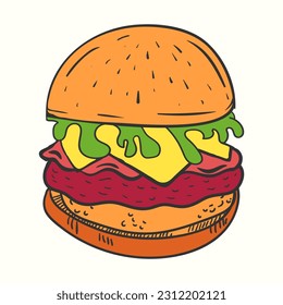 Ilustración vectorial de hamburguesa. Ilustración de esquema dibujada a mano de la hamburguesa