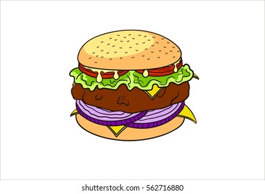Burger vector illustration. Hand drawn illustration isolated on white background. Cartoon fast food.
