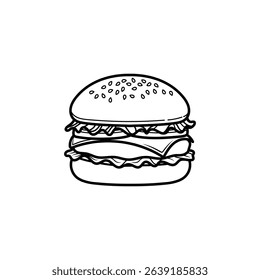 Burger Vector Illustration, Linear Outline Junk Food Burger Sandwich Image Vector, Coloring Book Food Hamburger Cheese Beef Patty Drawn Vector Image.