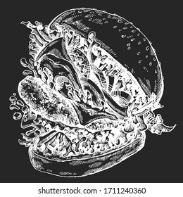 Burger. Vektorillustration-Illustration für Speisen, Restaurant, Internet-Verpflegung. Sandwich mit Schinken, Rindfleisch, Brot. Amerikanisches Fastfood.