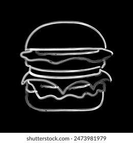 Burger  illustration vectorielle. Burger sur fond noir sur une ligne. Icône, logo de hamburger.