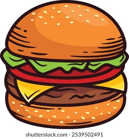 Ilustración vectorial de hamburguesa, contorno, silueta sobre fondo blanco icono de la hamburguesa Icono de la historieta de la hamburguesa Icono de la hamburguesa sabrosa colorida Vector de la hamburguesa Comida rápida realista 