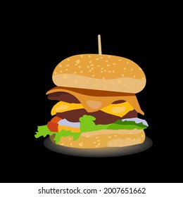 Burger Vector Illustration. painted Burger icon. with a meat patty and vegetables tomatoes and greens in vintage style. isolated on Black background. fast food restaurant