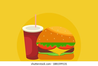 Burger Vector Illustration, Simple Burger Set. Burger with Cheese, soda and French Fries. 2D Flat Style Graphic design. Template on isolated background