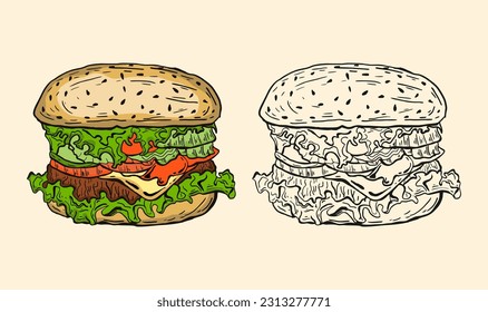 dibujo de ilustraciones vectoriales en estilo retro vintage de mano aislado en fondo blanco, hamburguesa en color y arte de línea, adecuado para uso de banner de elemento, anuncio, pegatina