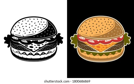 Burger vector illustration in two styles black on white and colored on dark background