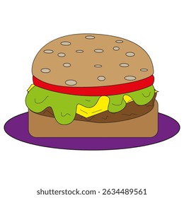 Burger vector image. Cheese tomato lettuce. Fast food sandwich. Delicious snack illustration.