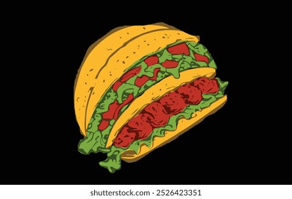burger vector isolated cartoon clip art with black background. hand drawn fast food burger