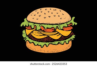 burger vector isolated cartoon clip art with black background. hand drawn fast food burger