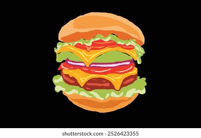 burger vector isolated cartoon clip art with black background. hand drawn fast food burger