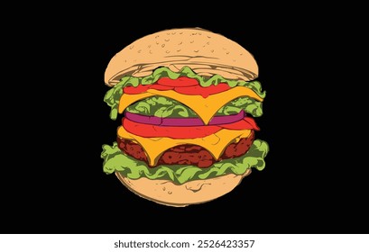 burger vector isolated cartoon clip art with black background. hand drawn fast food burger