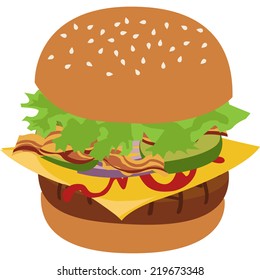 Burger vector isolated illustration. Illustration of tasty hamburger. Flat style vector illustration of cheeseburger. Burger icon image.
