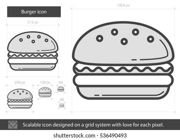 Burger vector line icon isolated on white background. Burger line icon for infographic, website or app. Scalable icon designed on a grid system.