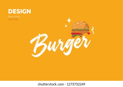 Burger vector logo for cafe bar. Tasty meat cutlet with cheese, vegetables and crispy bun