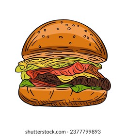 Burger vector logo on white background. Burger sketch illustration vector isolated. Burger doodle with colour with vintage style