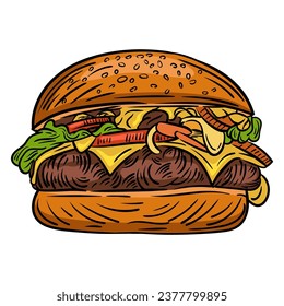 Burger vector logo on white background. Burger sketch illustration vector isolated. Burger doodle with colour with vintage style