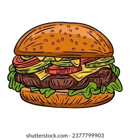 Burger, Vektorlogo auf weißem Hintergrund. Burger Sketch-Vektorgrafik, einzeln. Burger-Doodle mit Farbe im Vintage-Stil