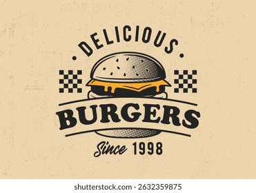 Burger vector logo template. Vintage burger cafe logo with grunge texture. Trendy vintage design for fast food branding and restaurant menu. Vector illustration