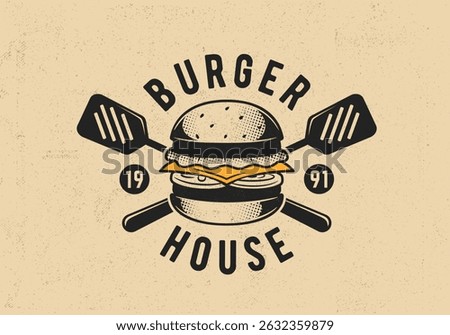 Burger vector logo. Vintage burger cafe banner, emblem with burger, spatula, grunge texture. Vintage design for fast food branding and restaurant menu. Vector illustration