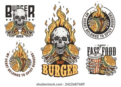 Burger vector set with burning skeleton with burgers in hands. Skull, fire and bones for logo, emblem, print of American food. Hamburger collection for restaurant or cafe.