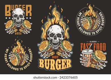 Burger vector set with burning skeleton with burgers in hands. Skull, fire and bones for logo, emblem, print of American food. Hamburger collection for restaurant or cafe.
