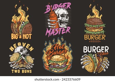 Burger vector set with burning skeleton with burgers in hands. Skull, fire and bones for logo, emblem, print of American food. Hamburger collection for restaurant or cafe.