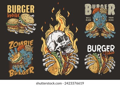 Burger vector set with burning skeleton with burgers in hands and zombie. Skull, fire and bones for logo, emblem, print of American food. Hamburger collection for restaurant or cafe.