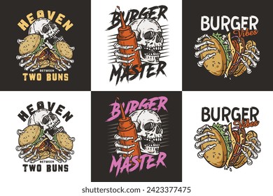 Burger vector set with burning skeleton with burgers in hands. Skull, fire and bones for logo, emblem, print of American food. Hamburger collection for restaurant or cafe.