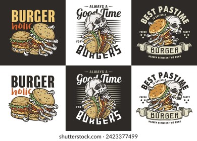 Burger vector set with burning skeleton with burgers in hands. Skull, fire and bones for logo, emblem, print of American food. Hamburger collection for restaurant or cafe.