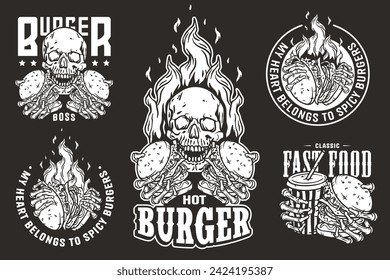 Burger vector set with burning skeleton with burgers in hands. Skull, fire and bones for logo, emblem, print of American food. Hamburger collection for restaurant or cafe.