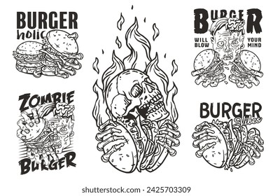 Burger vector set with burning skeleton with burgers in hands and zombie. Skull, fire and bones for logo, emblem, print of American food. Hamburger collection for restaurant or cafe.